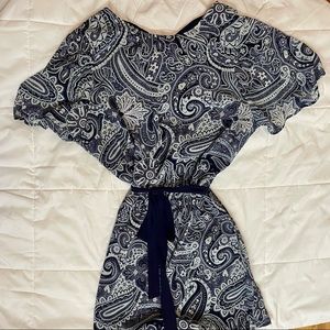 H&M Blue and White Paisley Short Sleeved Dress with Back Tie Size 14